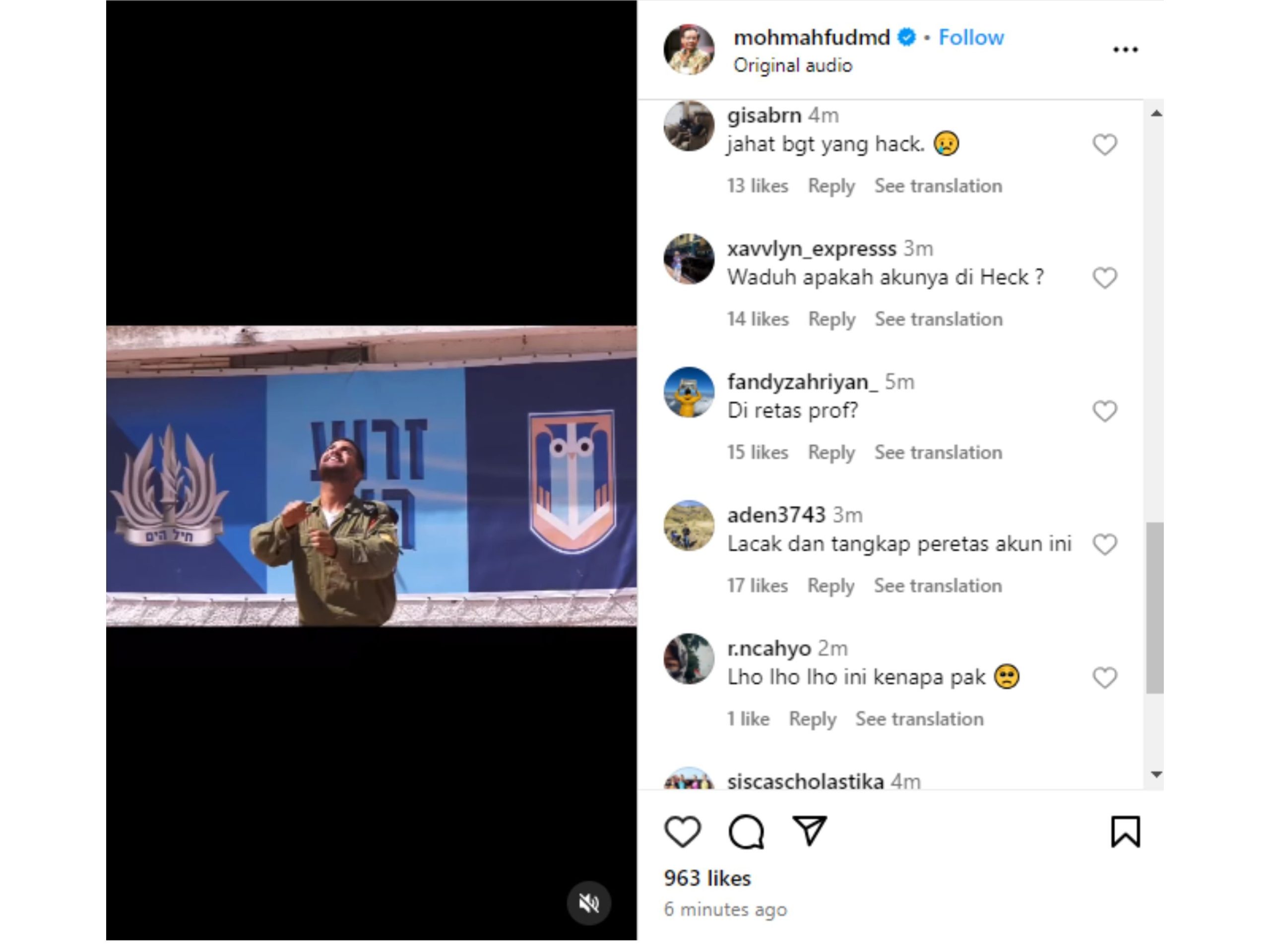 Instagram Mahfud MD Unggah Video Diduga Tentara Israel, Dihack?